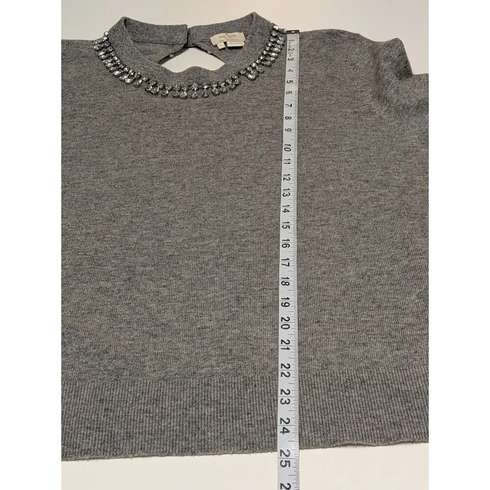 Kate Spade Wool Cashmere Gray Embellished Collar Sweater Keyhole Bow Back Sz XL